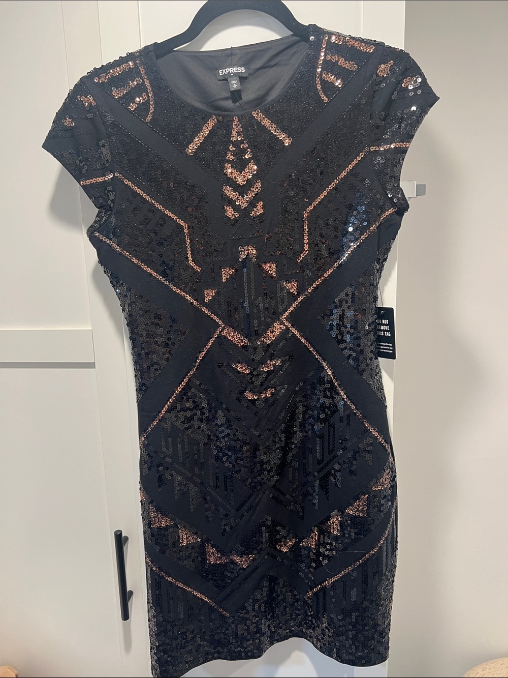Express Black Mini Dress with Rose Gold Sequin Geometric Accents